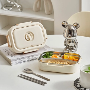 Portable Bento Lunch Container 304 Stainless Steel Leakproof Divided With Cutlery For Students Office Workers Cream Cute
