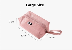 Pink mesh cosmetic bag with big eyes design and side handle, large size 20x12x7cm