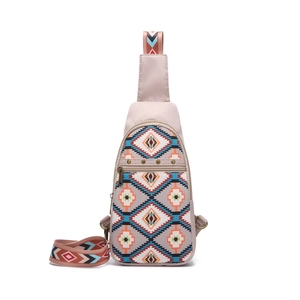 Detail of bohemian sling bag featuring aztec geometric patterns and adjustable wide strap