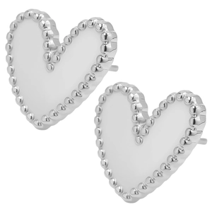 Close-up of 304 stainless steel heart-shaped stud earrings with white enamel and beaded edge