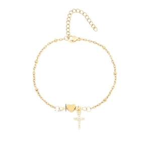 Gold letter A heart and crystal cross charm bracelet on clean white background