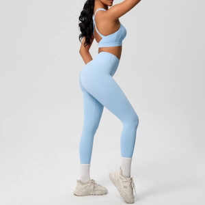 Conjunto de sujetador deportivo y leggings de yoga de cintura alta en color azul