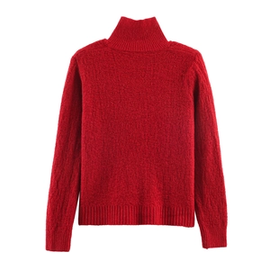 Detailed view of red high neck knit sweater with textured fleece fabric and ribbed cuffs