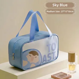 Sky blue large capacity toiletry bag featuring cartoon prints and 27x15x10cm dimensions