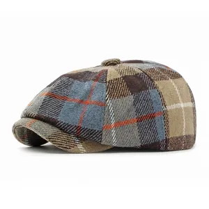 British Vintage Plaid Newsboy Cap For Women Men Wool Blend Octagonal Hat Autumn Winter Warm Fashion Beret Hat