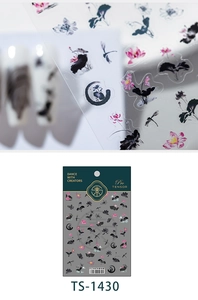 Detail of TS-1430 nail stickers featuring ink lotus and dragonfly patterns in high-def macro