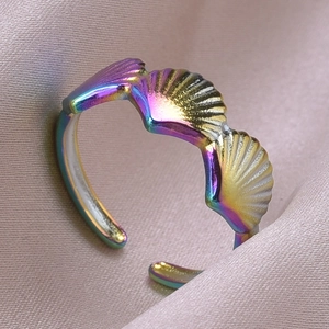 Macro view of adjustable stainless steel ring with shell motifs in rainbow finish