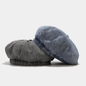 Classic denim beret hat in navy blue and grey with vintage washed texture for men and women