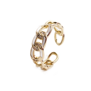 Bague chaîne dorée avec émail blanc et oxydes de zirconium, anneau ouvert ajustable