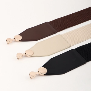 Elastic waist belts with round gold buckles in black, brown, and beige for women