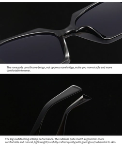 Detail of ergonomic silicone nose pads and non-slip temples on glossy black sunglasses