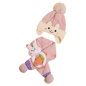 Pink cartoon rabbit knit hat and scarf set for children with 3D carrot details