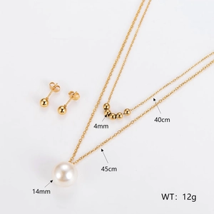 Parure collier double rang en acier doré avec perle 14mm et boucles d'oreilles clous