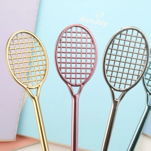 Creative tennis racket shaped gel pens in metallic gold, pink, and silver finishes