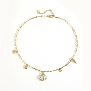 Golden titanium steel shell and conch charm necklace with blue enamel pendant