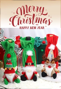 Three festive Christmas wine bottle covers featuring Santa, elf, and reindeer on white rug