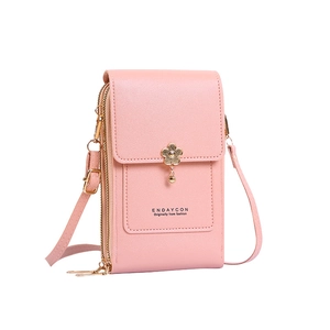 Pink multi-functional crossbody phone wallet with double zippers and floral charm