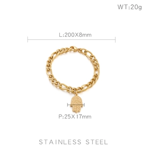 Dettagli del bracciale Hamsa in acciaio dorato con dimensioni e info sul peso effettivo