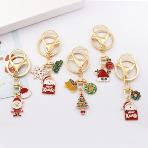 Zinc Alloy Enamel Christmas Keychain Santa Claus Tree Snowflake Bell Pendant Key Ring Holiday Party Gift For Women Men