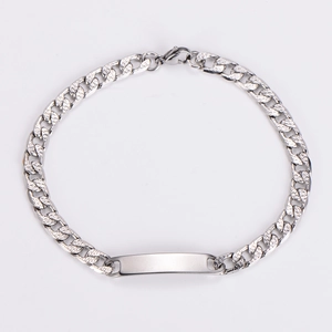 Polished silver Cuban link bracelet featuring a central customizable rectangular metal bar