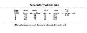 Size chart for the backless beach dress showing bust, waist, and hip measurements in cm