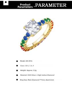 Detail view of S925 silver ring with 7x7mm Asscher cut stone and rainbow pavé gems