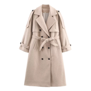 Elegant beige double-breasted long wool coat with waist belt and lapel collar for women