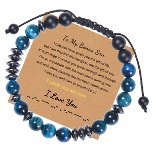 Detail of blue tiger eye beaded bracelet with Morse code gift card for Bonus Son