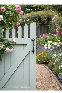 Detail of vintage black iron door handle with ornate floral patterns on a green garden gate
