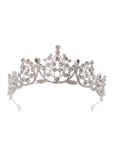 Detail of silver bridal tiara with sparkling crystal rhinestones and floral pattern