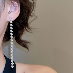 Detail view of long silver tassel earrings with crystals worn by a model in soft light