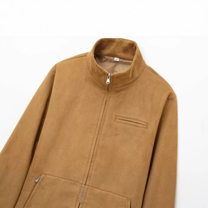 Fashionable tan suede bomber jacket with a stand collar and zip front for men