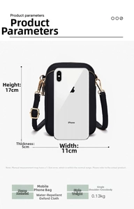Detailed view of black water-resistant oxford cell phone bag with dimensions 17x11x5cm