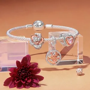 S925 sterling silver snake chain bracelet with rose, family heart and tree of life charms