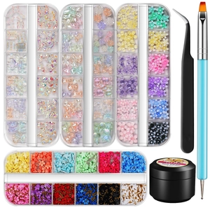 Nail art decoration set with 12-grid charms, tweezers, dotting pen, and 8ml glue