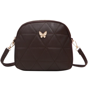 Deep brown quilted shell bag for women with gold butterfly accent on white background