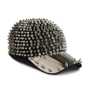 Punk style baseball cap with silver metal studs and mirror brim on black fabric