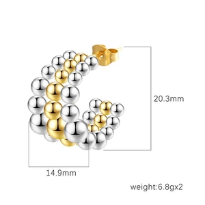18k gold and silver stainless steel beaded C-shaped hoop earrings with size dimensions