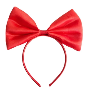 Big red satin bow headband for girls featuring a polished silk texture for holiday parties