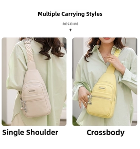 Dettagli borsa a tracolla in pelle beige e gialla con cinturino a fantasia