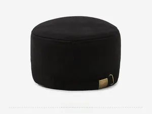 Rear view of men's winter wool cap featuring thick fabric and metal adjustable buckle