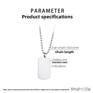 Detail showing polished stainless steel military dog tag pendant with chain dimensions