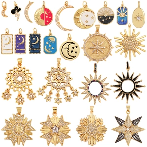 Golden celestial charm set with colorful enamel sun, moon and star pendants for jewelry