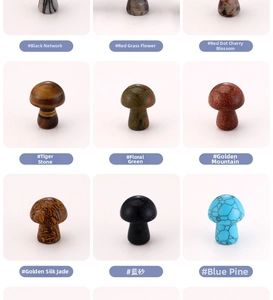 Macro display of diverse crystal mushroom pendants in jasper, tiger eye, and goldstone