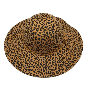 Top view of a leopard print wide brim wool felt jazz fedora hat with matching band detail