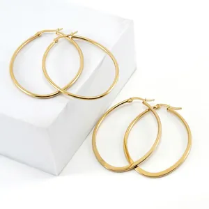 Hoop Earrings Stainless Steel 18K Gold Plated Minimalist Geometric Oval High Polished Jewelry For Women