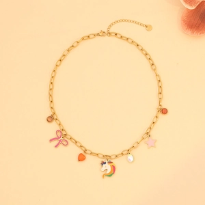 Rainbow heart charm necklace in gold with colorful unicorn, bow, and star pendants