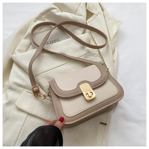 Detailed shot of a beige and khaki crossbody bag with a gold rectangular turn-lock closure