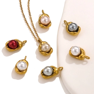 Pea-shaped pearl pendant in gold stainless steel frame with assorted colors for jewelry