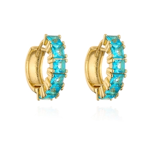 Detail of 18K gold-plated hoop earrings with five square-cut blue cubic zirconia stones